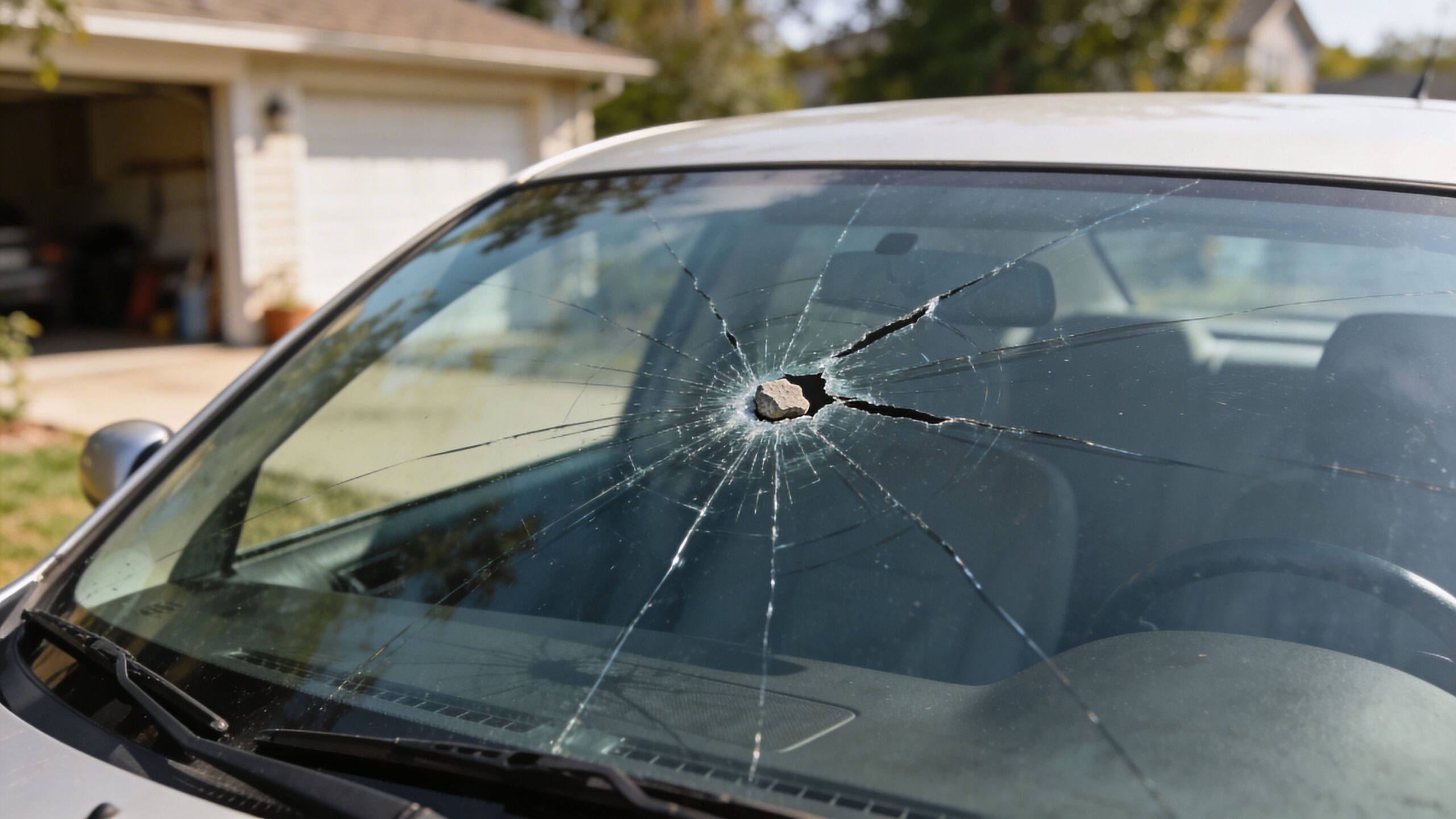 En hvid bil med en knust forrude, hvor en sten sidder fast i hullet midt i glasset.
