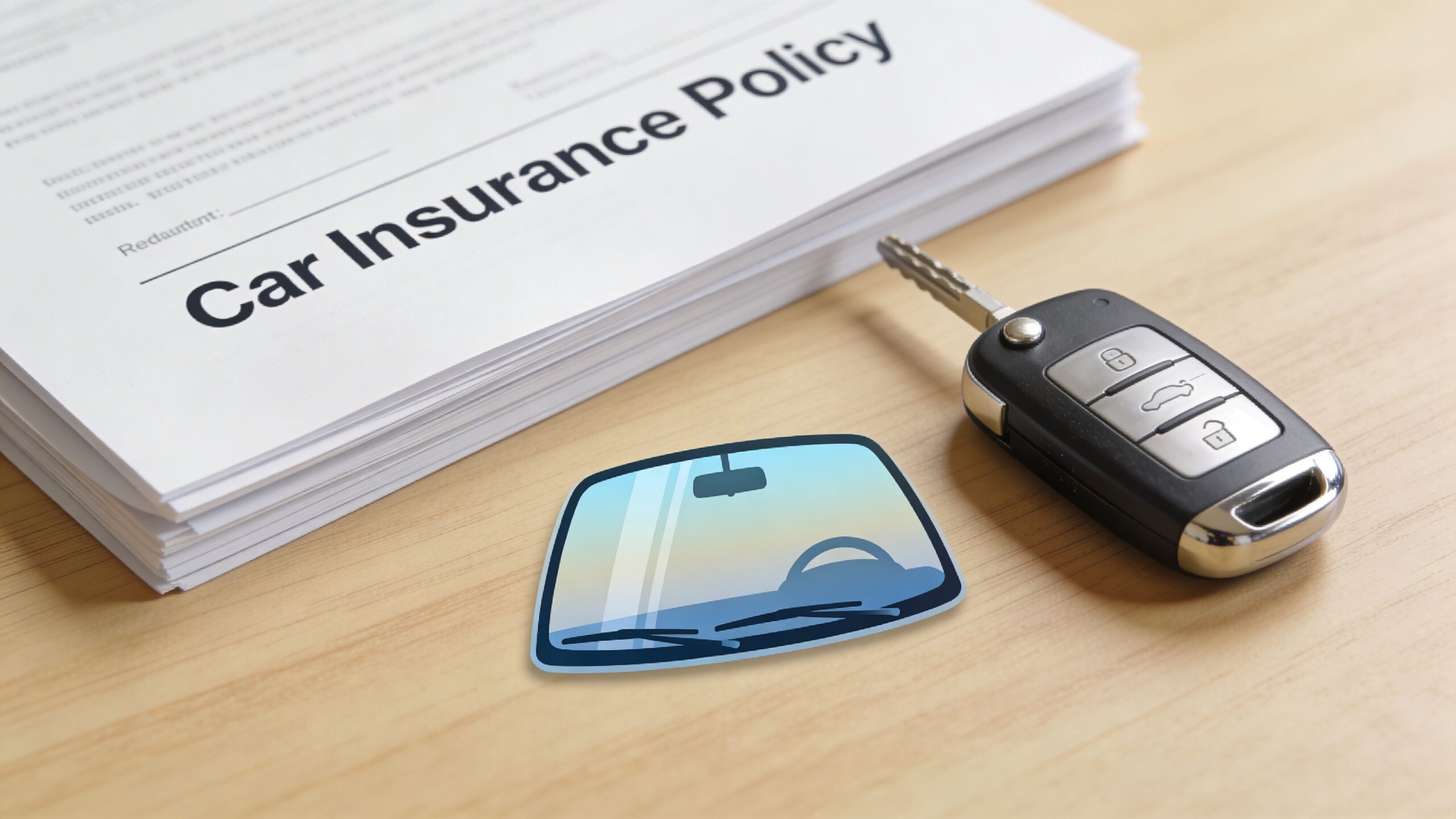 Bilforsikringspapirer med bilnøgle og et lille symbol af en forrude placeret på et lyst træbord.