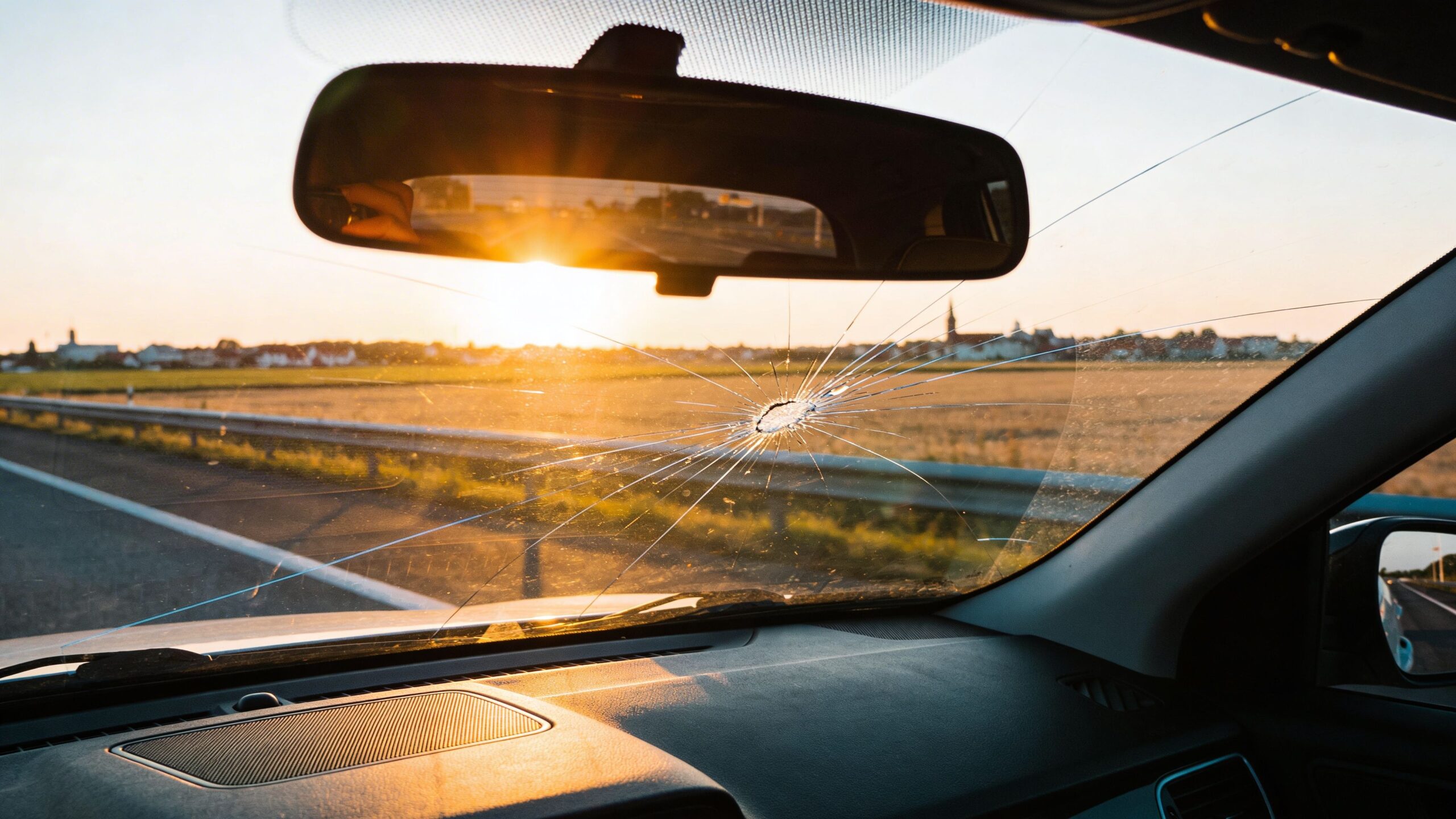 En revnet forrude på en bil set indefra med en smuk solnedgang over et landskabsområde i baggrunden.