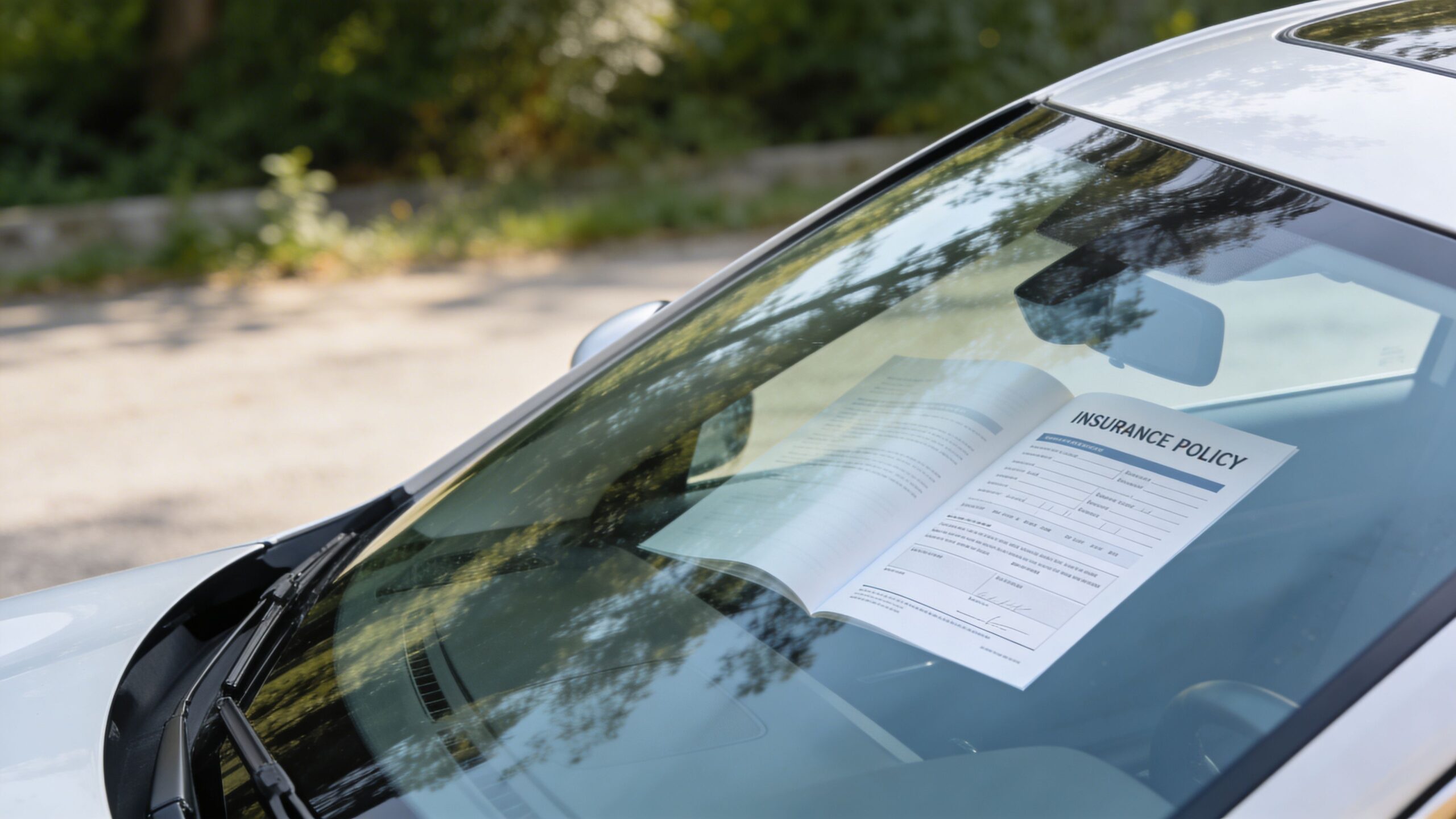 Et dokument med overskriften forsikringspolice placeret på forruden af en moderne hvid bil udendørs.