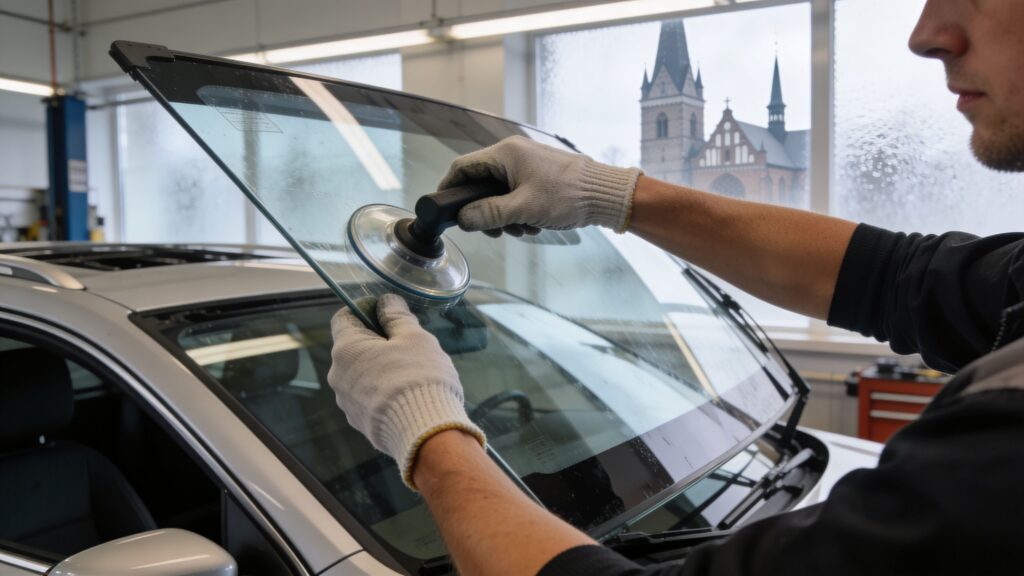 Tekniker polerer bilrude med poleringsmaskine i autoværksted.