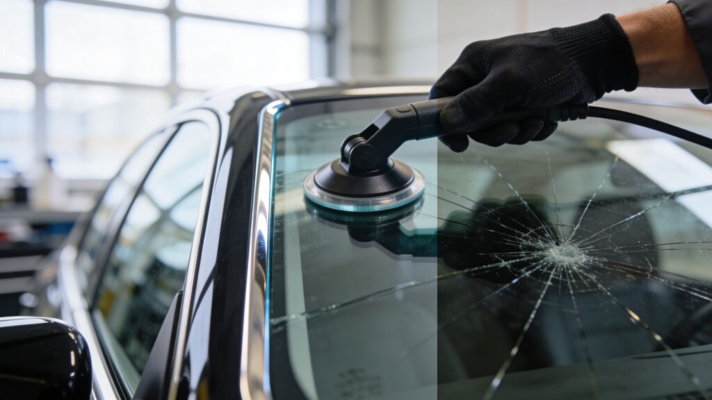 Tekniker reparerer bilrude med polering i autoværkstedet.