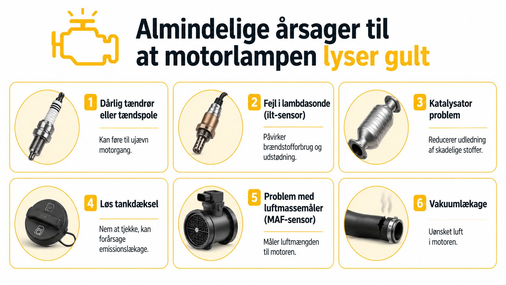 Infografik der viser de seks mest almindelige årsager til at motorlampen i en bil lyser gult.