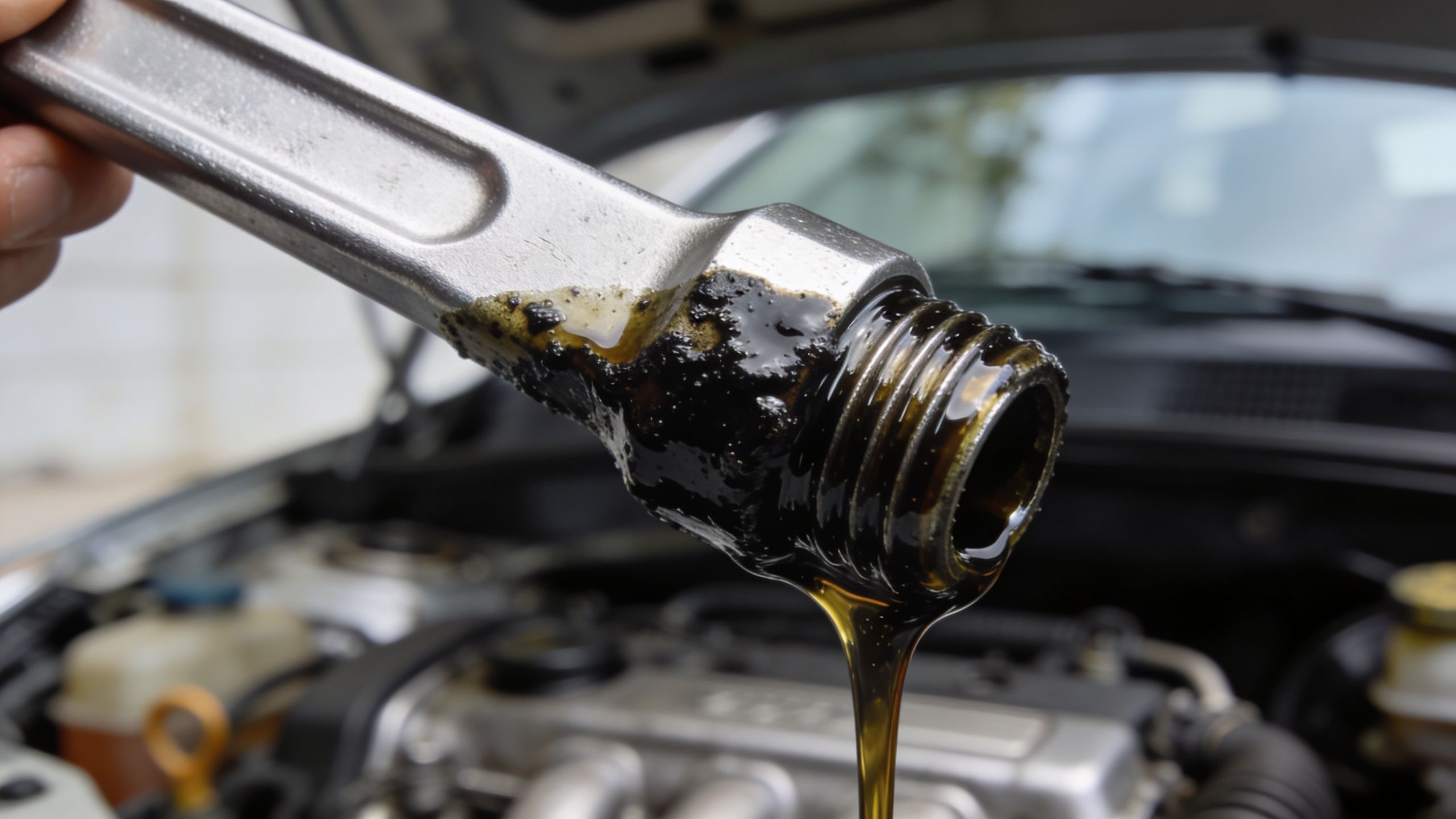 En mekaniker holder en oliefyldt prop med tyk sort slam, hvilket indikerer alvorlige motorproblemer i bilen.