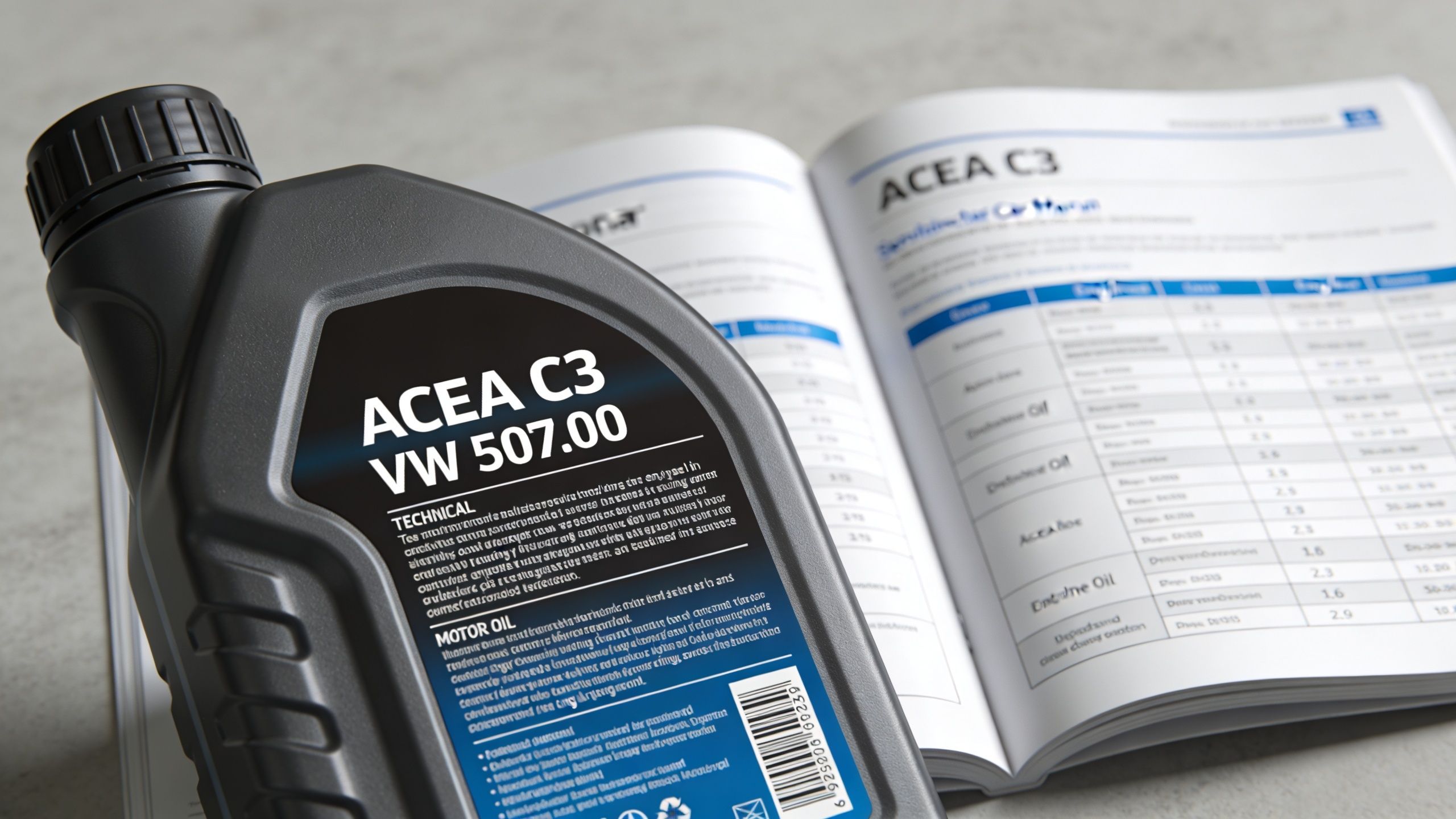 En flaske motorolie med specifikationen ACEA C3 VW 507.00 placeret ved siden af en teknisk manual.