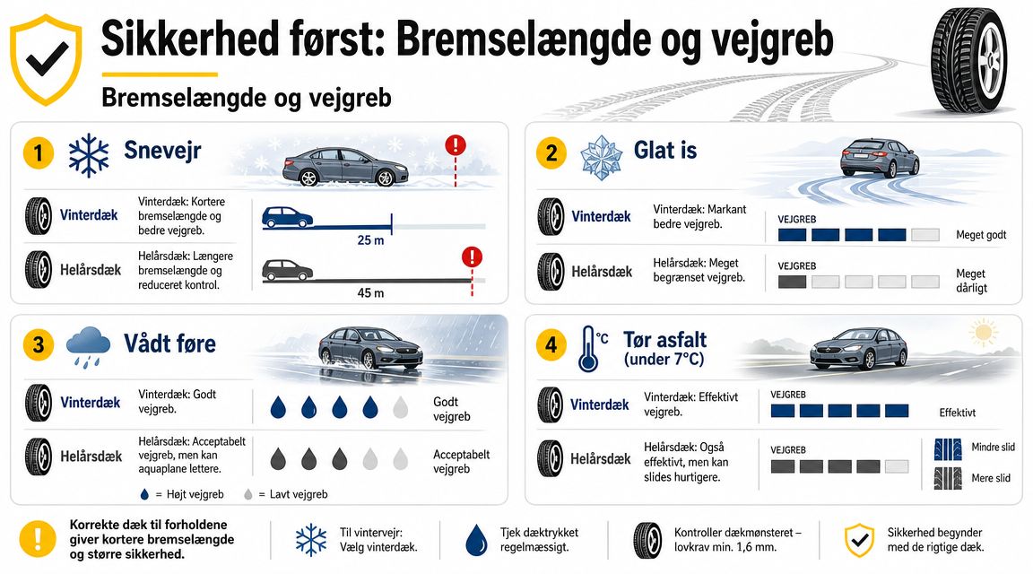 En infografik der sammenligner bremselængde og vejgreb for vinterdæk og helårsdæk under forskellige vejrforhold og temperaturer.
