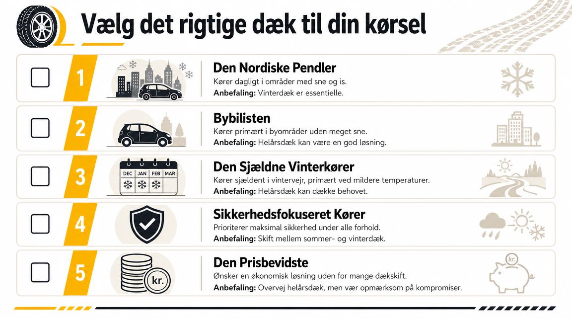 En infografik der guider bilister til at vælge de rigtige dæk baseret på deres kørselsbehov og vaner.