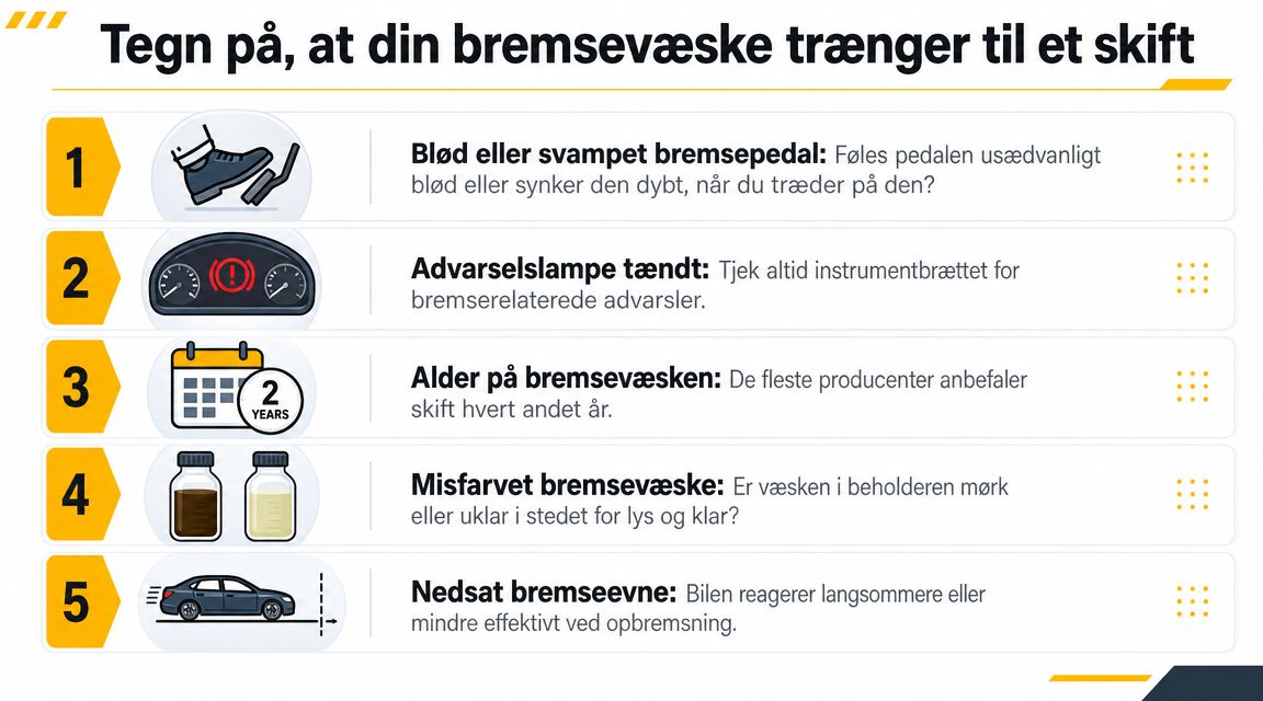En infografik der viser fem vigtige tegn på, at din bils bremsevæske trænger til at blive udskiftet.