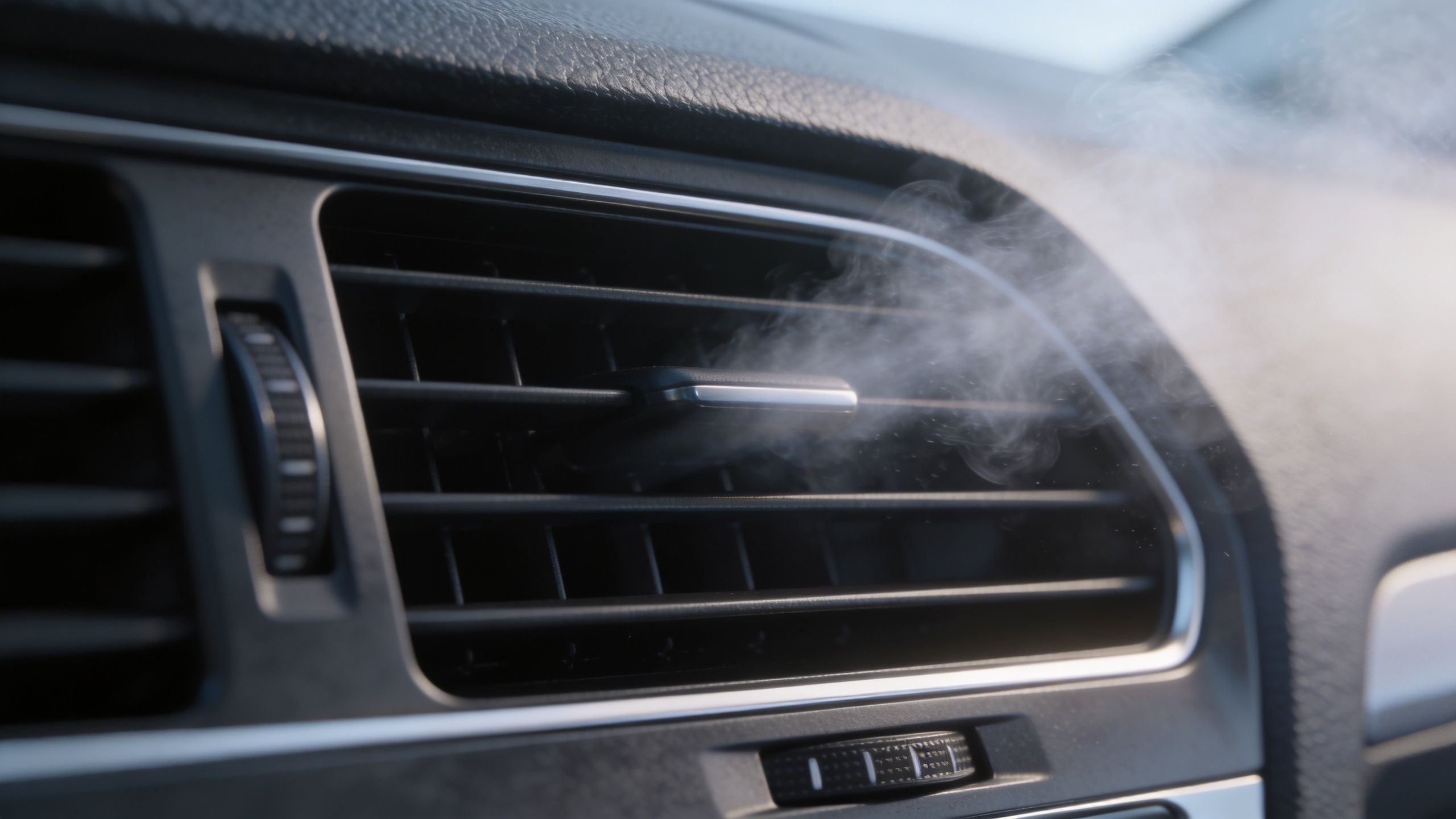 Damp eller kold luft kommer ud af ventilationsdysen i et bilpanel under drift af aircondition-anlægget.