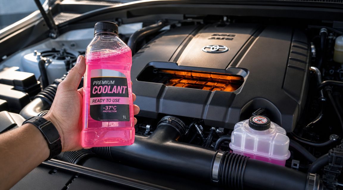 En hånd holder en flaske pink kølervæske foran en åben motorhjelm på en Toyota bilmotor.