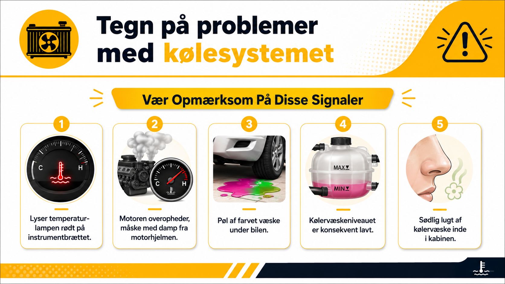 En infografik der viser fem vigtige advarselstegn på problemer med bilens kølesystem og kølervæske.