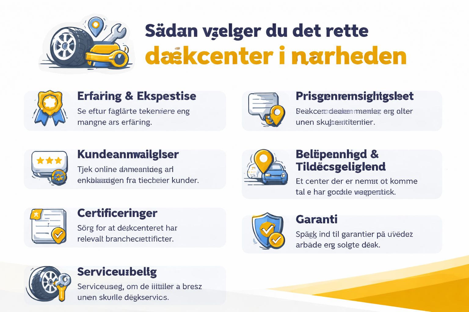 Infografik med gode råd til at vælge det rette dækcenter i nærheden med fokus på kvalitet og service.