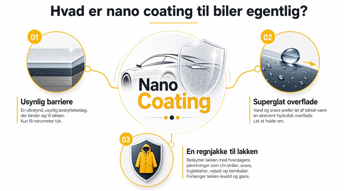 Illustration der forklarer fordelene ved nano coating til biler, herunder usynlig beskyttelse, vandafvisende overflade og lakbeskyttelse.