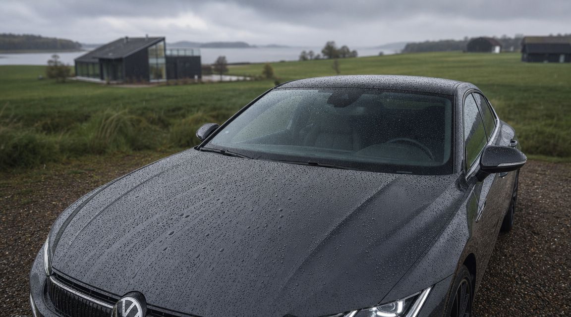 En mørkegrå bil med nanocoating der afviser vanddråber på en regnvejrsdag foran et hus.