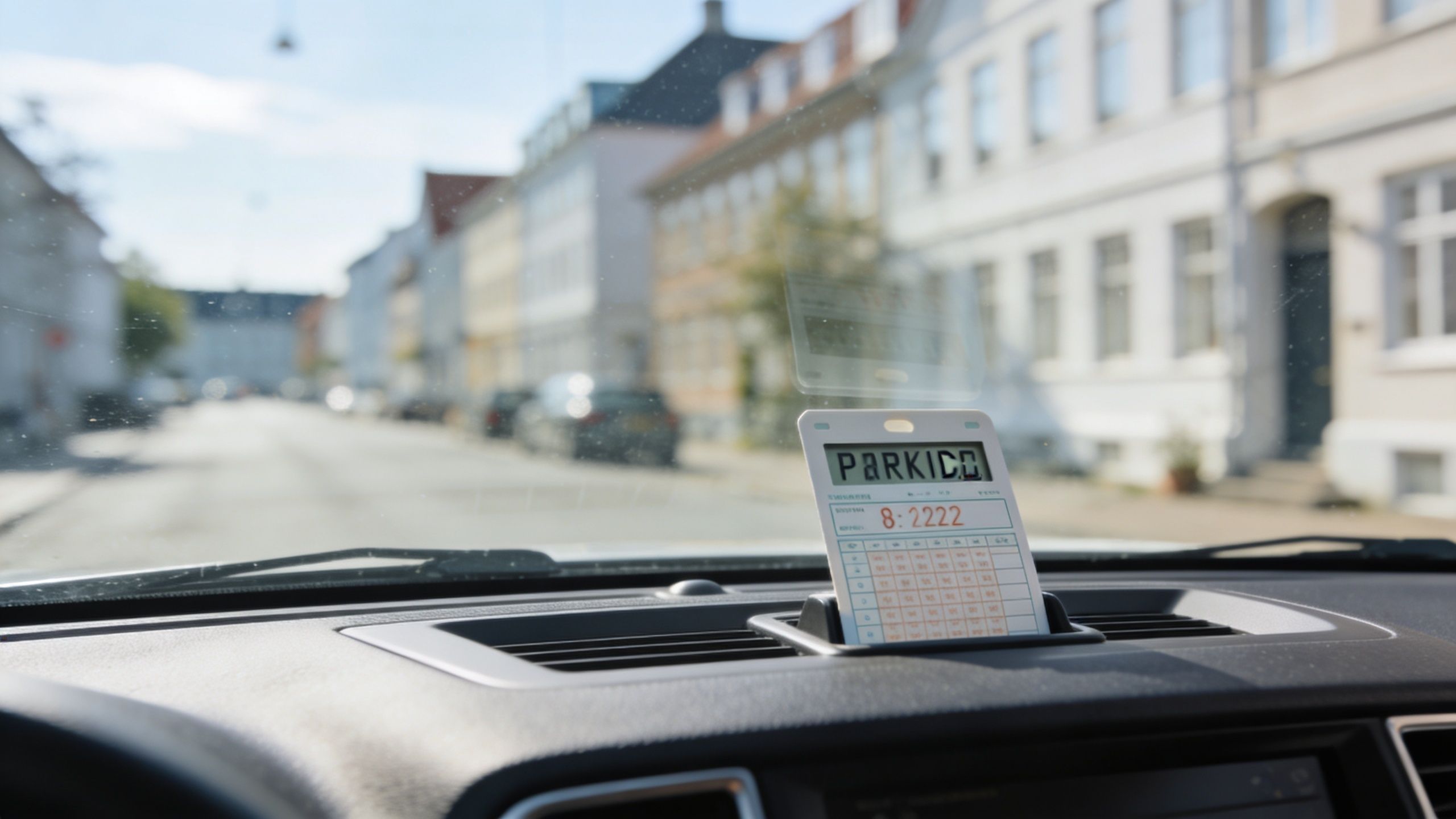 En digital parkeringsskive placeret i forruden på en bil med en vej og huse i baggrunden.