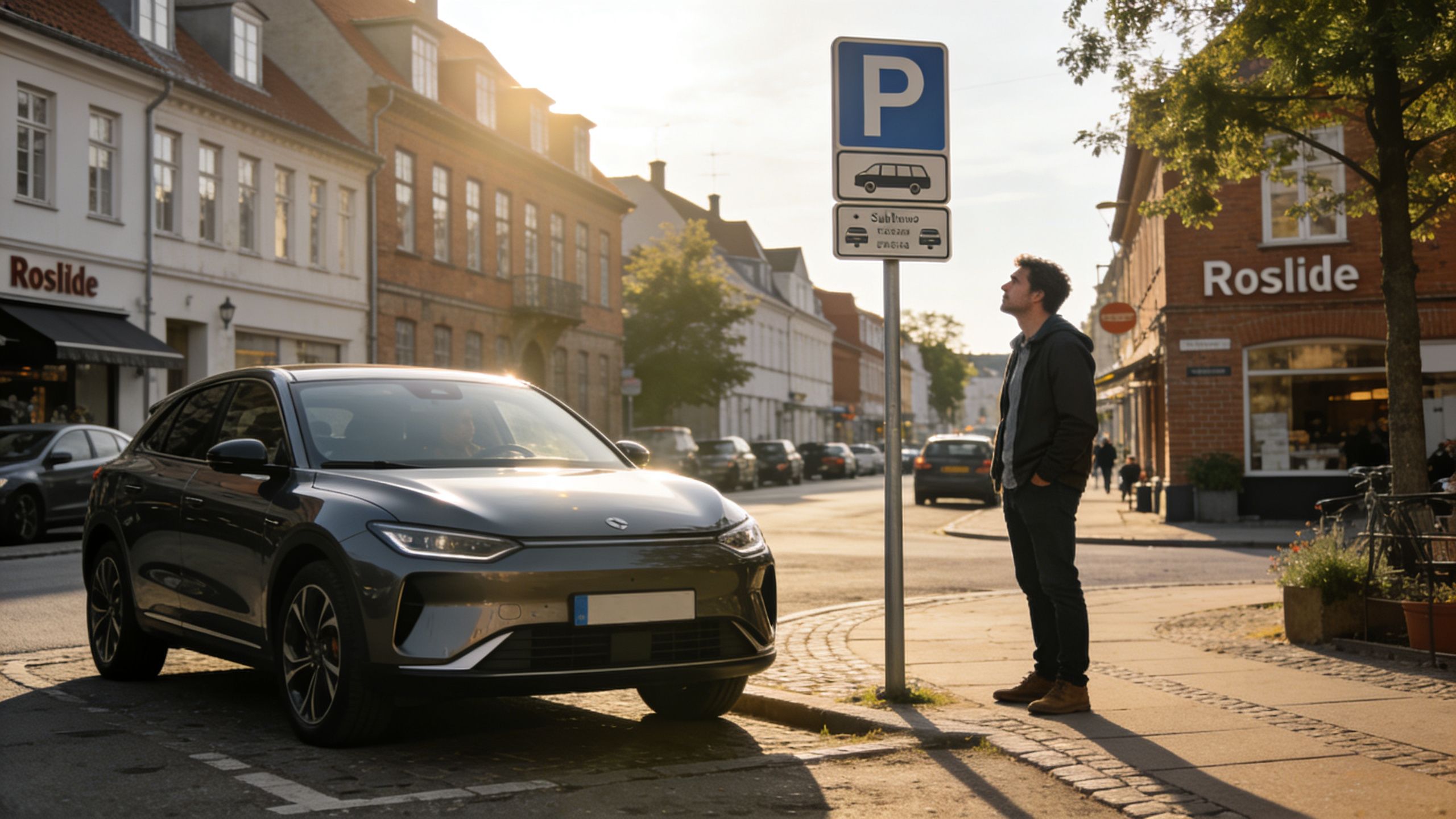 En mand står og kigger på et parkeringsskilt ved siden af en moderne mørkegrå bil i byen.