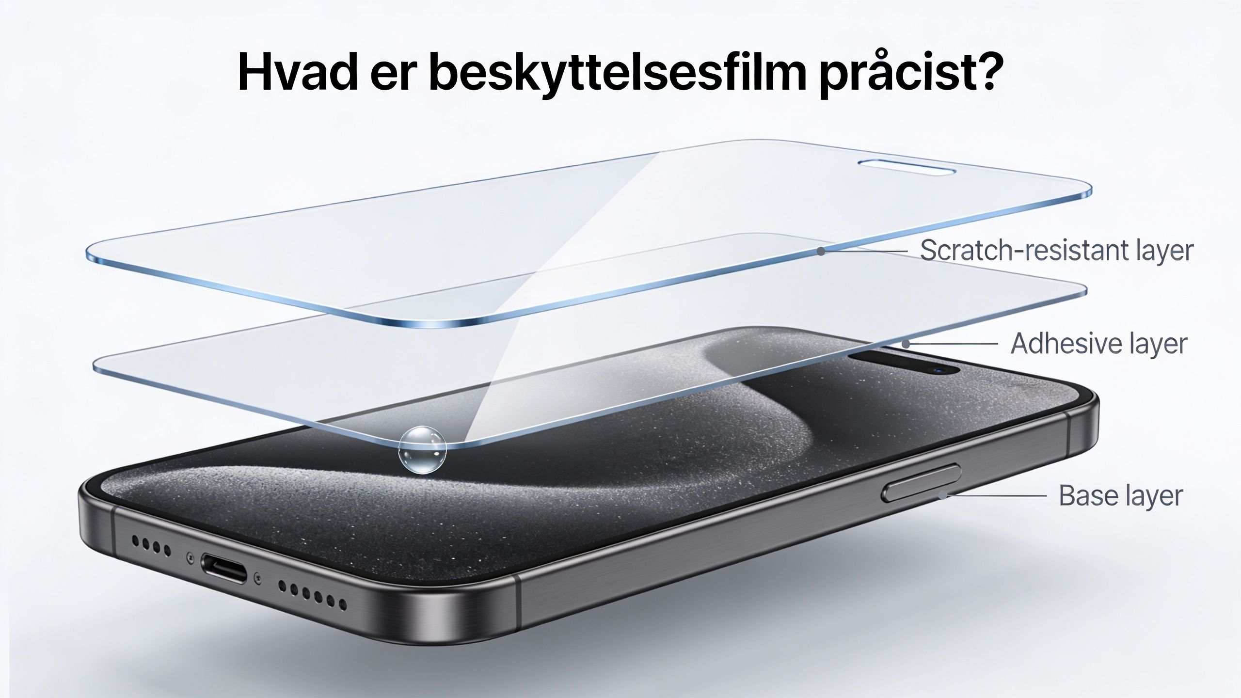 En illustration af en mobilskærm med beskyttelsesfilm opdelt i lag: ridsefast lag, klæbende lag og baselag.