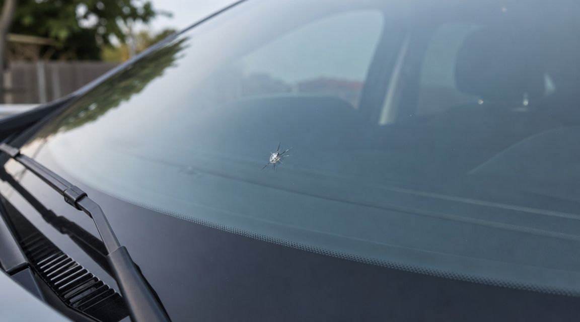 Et tæt billede af en forrude på en bil med et lille, stjerneformet stenslag midt på glasset.