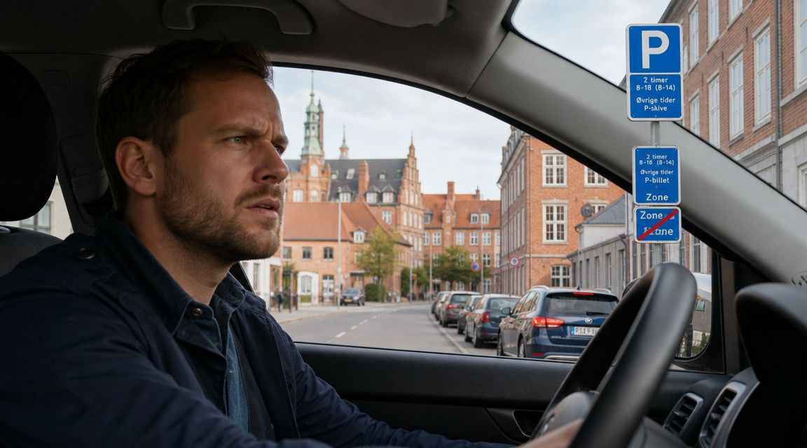 En bilist sidder bag rattet i sin bil og kigger ud på vejen med parkeringsskilte til højre.