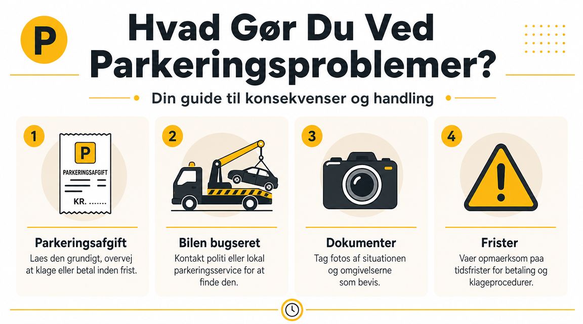 Infografik der guider dig gennem hvad du skal gøre, hvis du får en parkeringsafgift eller bilen bugseres.