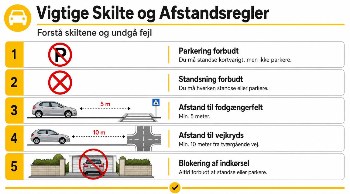 En infografik der viser vigtige danske trafikskilte og regler for lovlig standsning og parkering ved vej.