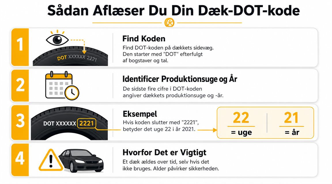 En infografik der viser fire nemme trin til at aflæse produktionsdatoen på et dæk via DOT-koden.