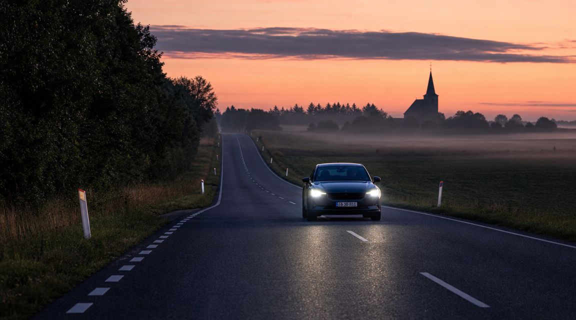 En mørk bil med tændte forlygter kører ad en landevej ved solopgang i et tåget landskab.
