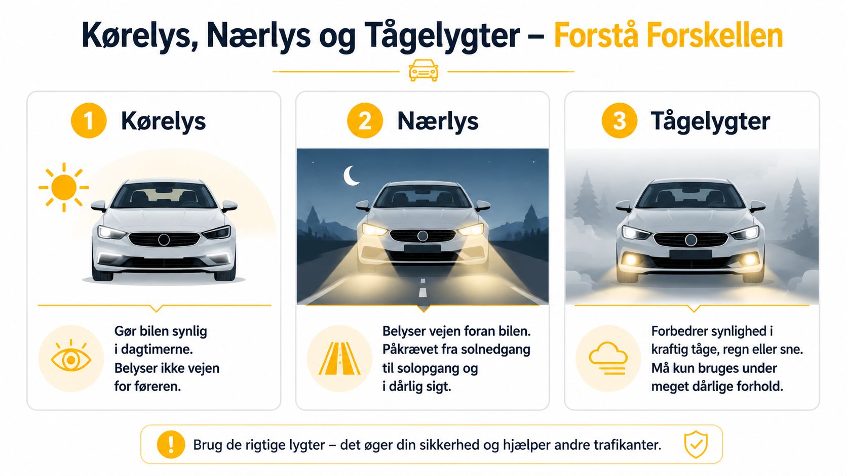 Infografik der viser forskellen på kørelys, nærlys og tågelygter med forklaringer til hvornår de skal bruges.
