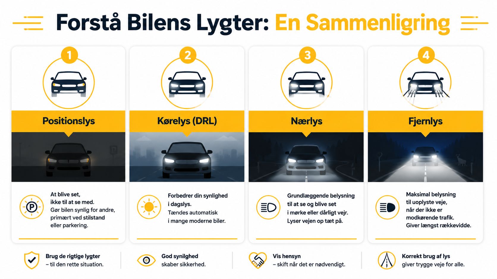 En infografik der forklarer forskellene på positionslys, kørelys, nærlys og fjernlys for bilister i trafikken.