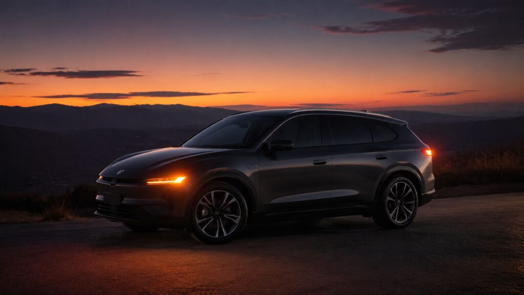 Bil i solnedgang med smuk naturbaggrund, perfekt til bilentusiaster og autoværksteder.