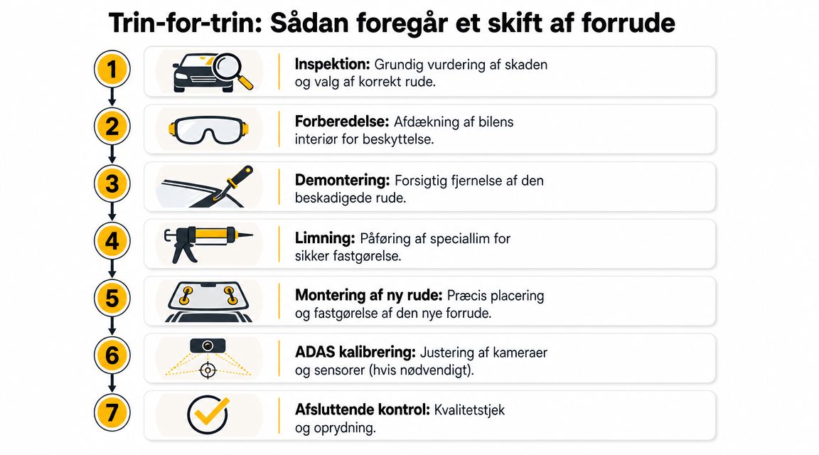 En infografik der viser de syv trin i processen for udskiftning af en bilrude på et værksted.