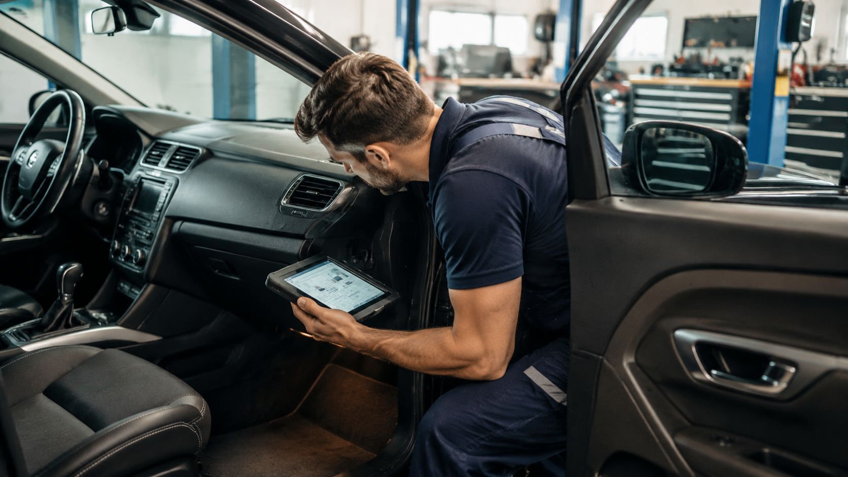 En mekaniker i blåt arbejdstøj tjekker bilens instrumentbræt med en tablet for at diagnosticere fejl i autoværkstedet.