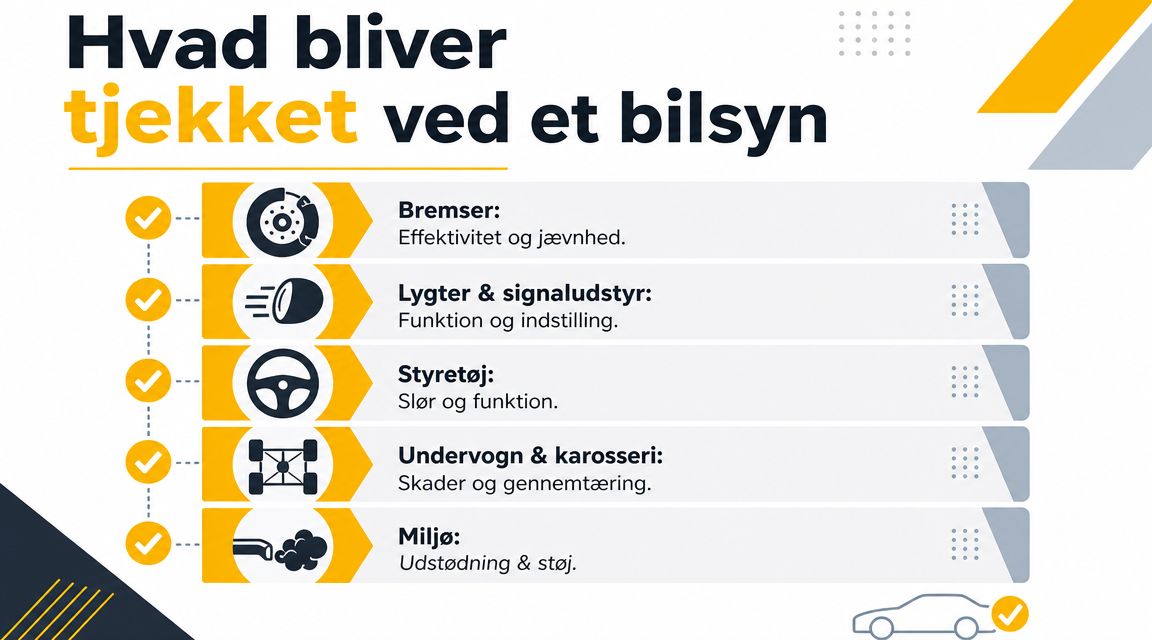 En infografik der viser de fem hovedpunkter, som kontrolleres under et periodisk bilsyn i Danmark.