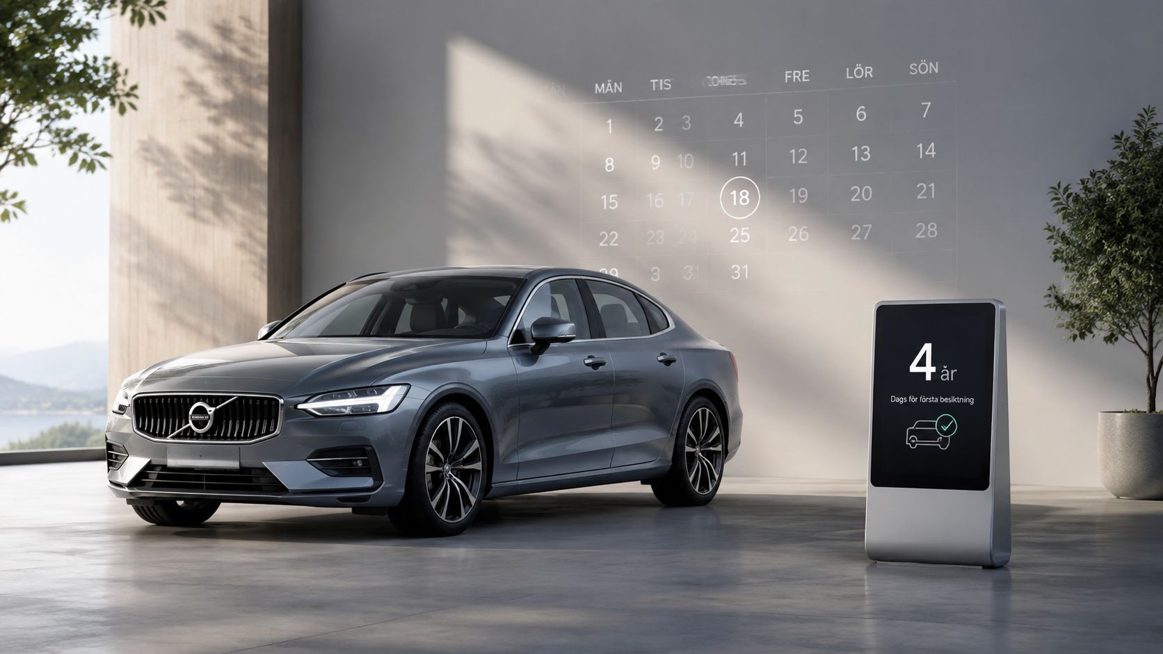 En grå Volvo personbil parkeret foran en væg med en digital kalender og en besigtigelses-skærm.