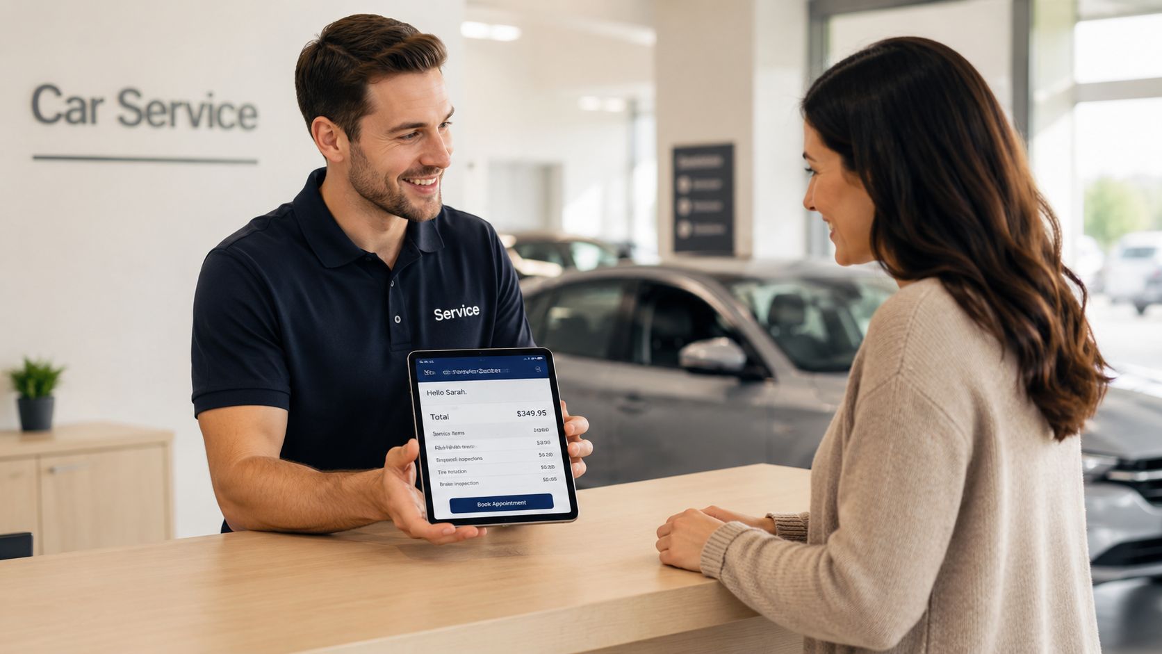 En smilende bilrådgiver viser en tablet med servicepriser til en kunde i en moderne bilforretning.