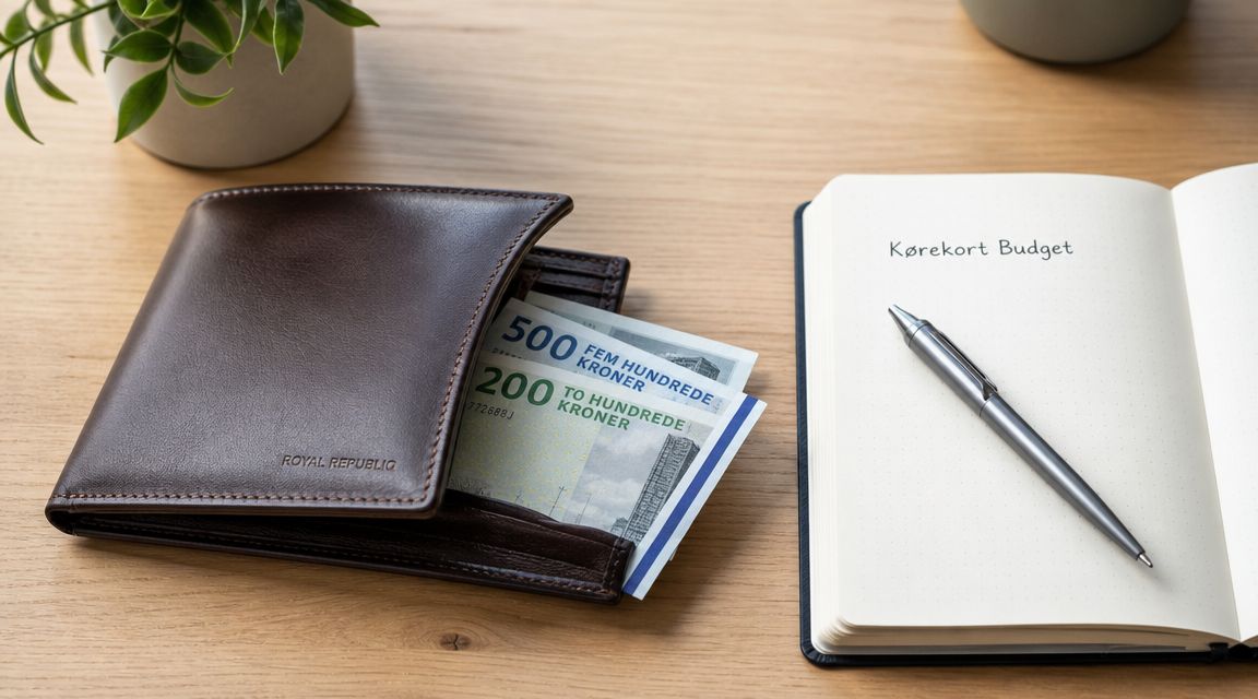En brun læderpung med danske penge, en pen og en notesbog til planlægning af kørekortbudget.