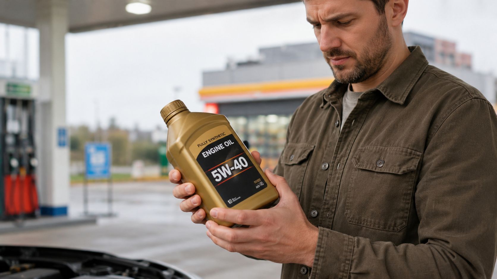 En mand undersøger en flaske med 5W-40 motorolie mens han står på en tankstation ved sin bil.