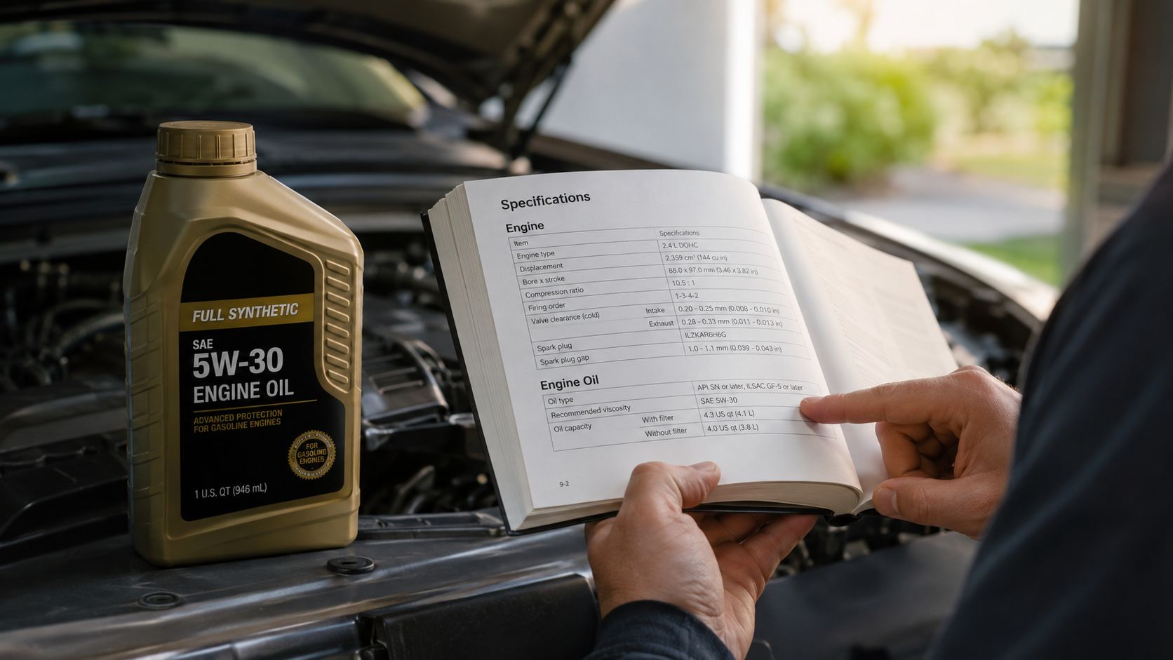 En mekaniker tjekker instruktionsbogen for korrekt motoroliemængde og viskositet ved siden af en dunk 5W-30 olie.