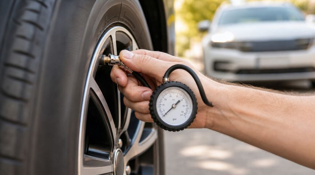 Tekniker måler dæktryk og inspicerer hjul hos HR Autoteknik, bilservice i Danmark.