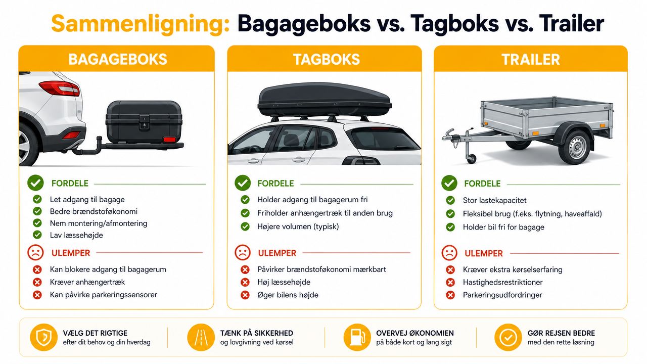 En sammenligningsgrafik der viser fordele og ulemper ved bagageboks, tagboks og trailer til bilen.