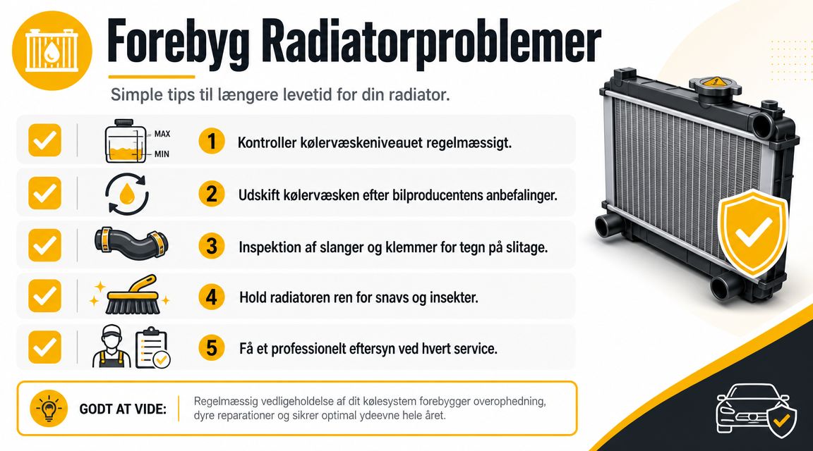 En infografik med fem gode råd til forebyggelse af radiatorproblemer og vedligeholdelse af bilens kølesystem.