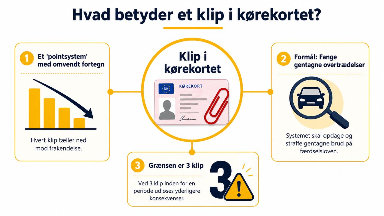 En infografik der forklarer hvordan klippekortsystemet i det danske kørekort fungerer med tre klip.