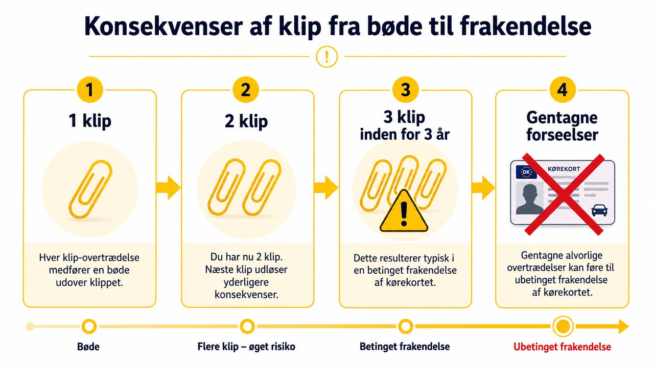 En grafisk oversigt over konsekvenserne af klip i kørekortet fra bøder til betinget og ubetinget frakendelse.