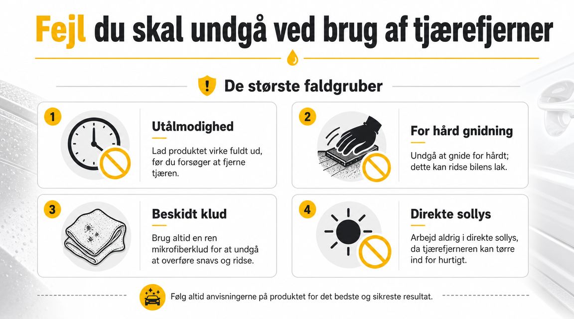 En infografik der viser de fire største fejl man skal undgå ved brug af tjærefjerner på bilen.