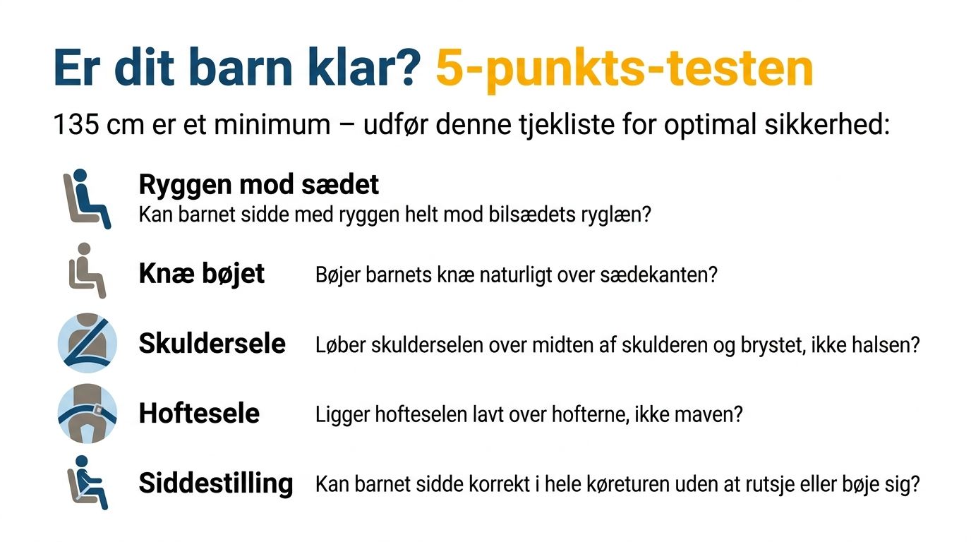Børnetest for bilsikkerhed og ergonomi med fokus på ryg, knæ, skuldre, hofte og siddestilling.