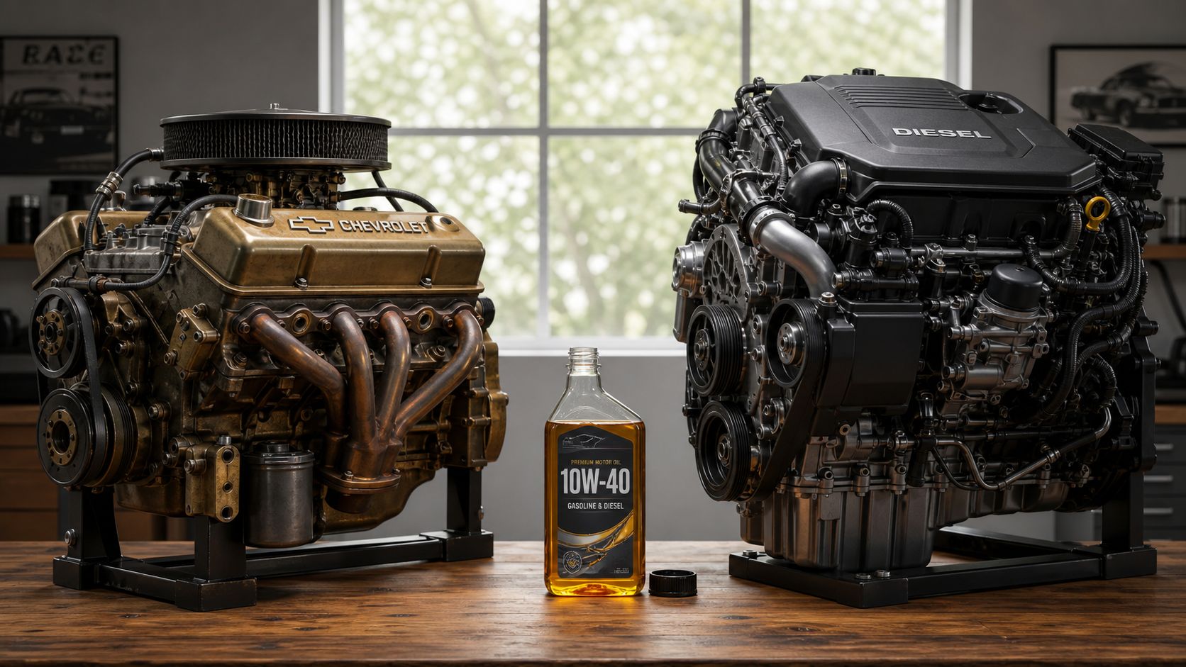 En ældre Chevrolet-motor og en moderne dieselmotor med en flaske 10W-40 motorolie placeret på et bord.