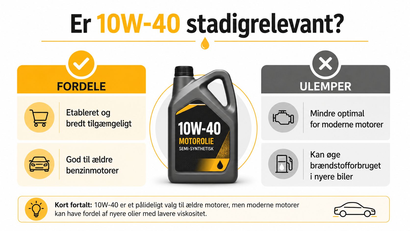 En infografik der forklarer fordele og ulemper ved at bruge 10W-40 motorolie til ældre og moderne biler.