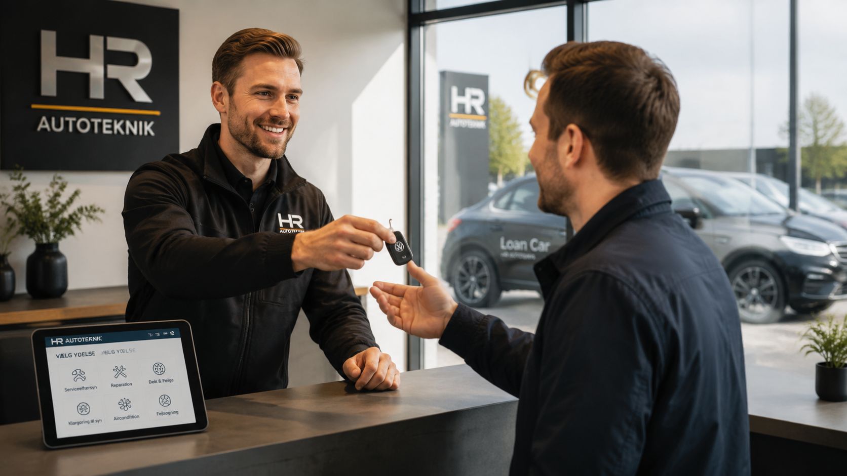 En smilende medarbejder hos HR Autoteknik overdrager en bilnøgle til en kunde ved en skranke.