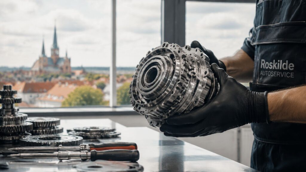 Tekniker arbejder med bilkomponenter hos HR Autoteknik i Roskilde.