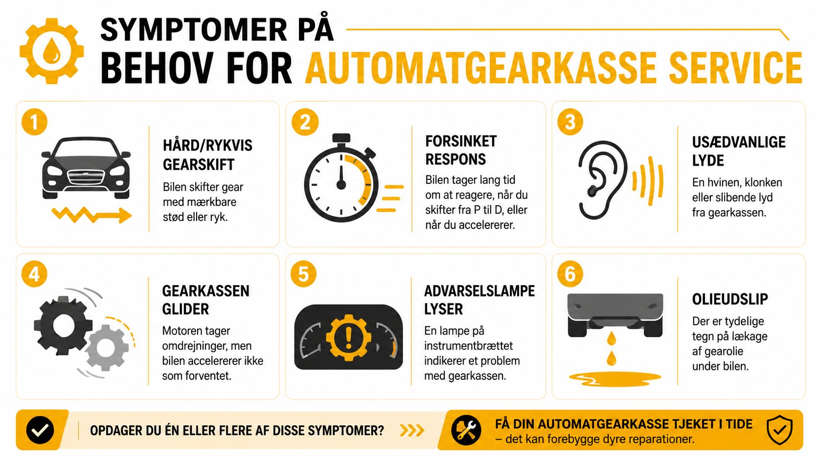 En infografik der viser seks symptomer på behov for service af en automatgearkasse i en bil.
